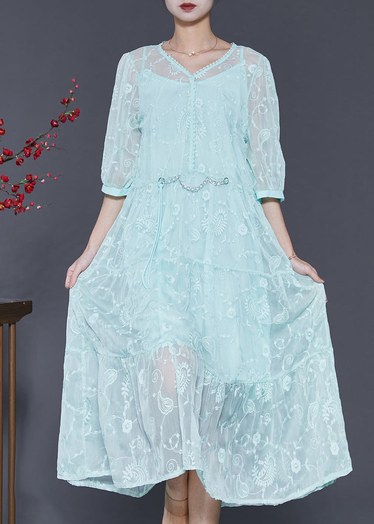 Beautiful Blue Embroidered Silk Long Dress Half Sleeve