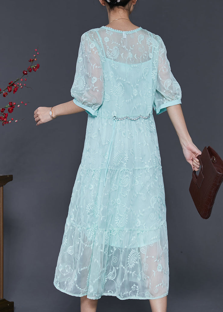 Beautiful Blue Embroidered Silk Long Dress Half Sleeve