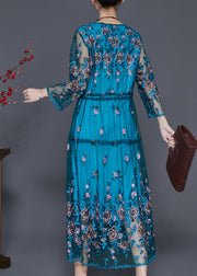 Beautiful Blue Embroidered Tulle Cinched Dresses Summer
