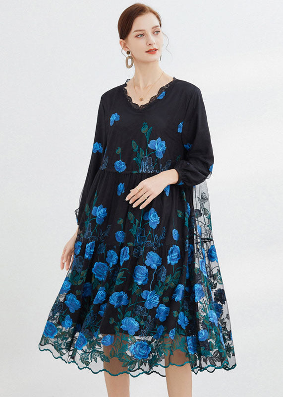 Beautiful Blue Embroideried Floral Tulle Long Dresses Long Sleeve