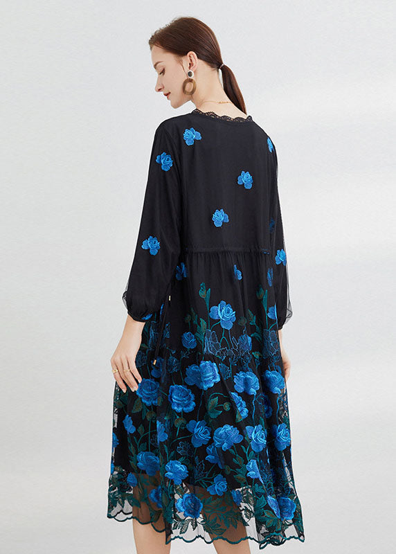 Beautiful Blue Embroideried Floral Tulle Long Dresses Long Sleeve