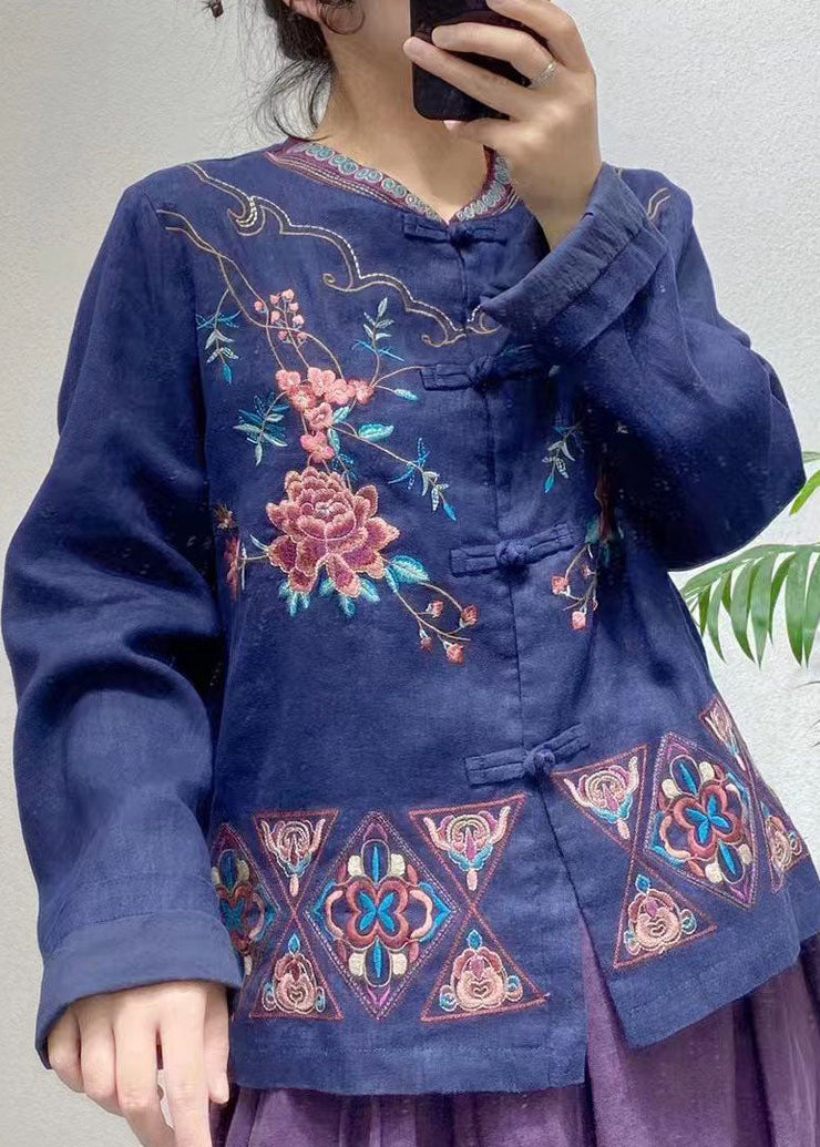 Beautiful Blue Embroideried Oriental Button Linen Chinese Style Coats Spring