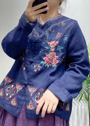 Beautiful Blue Embroideried Oriental Button Linen Chinese Style Coats Spring