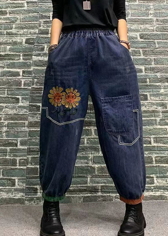 Beautiful Blue Embroideried Patchwork Elastic Waist Denim Crop Pants Spring