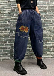 Beautiful Blue Embroideried Patchwork Elastic Waist Denim Crop Pants Spring