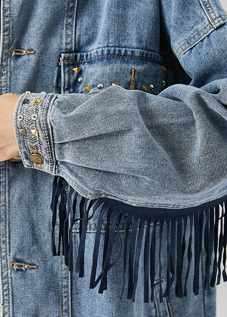 Beautiful Blue Embroidered Patchwork Tasseled Denim Coats Fall