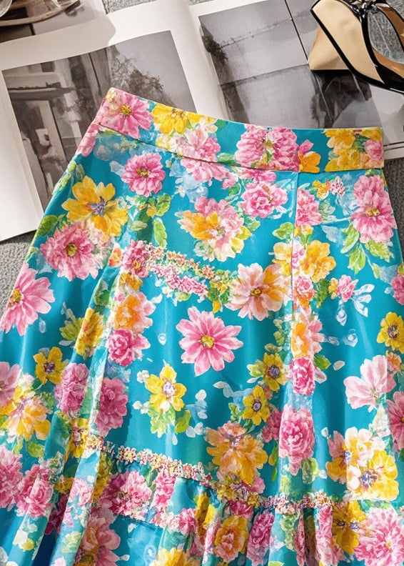 Beautiful Blue Floral Print Chiffon Wraped Skirts Summer