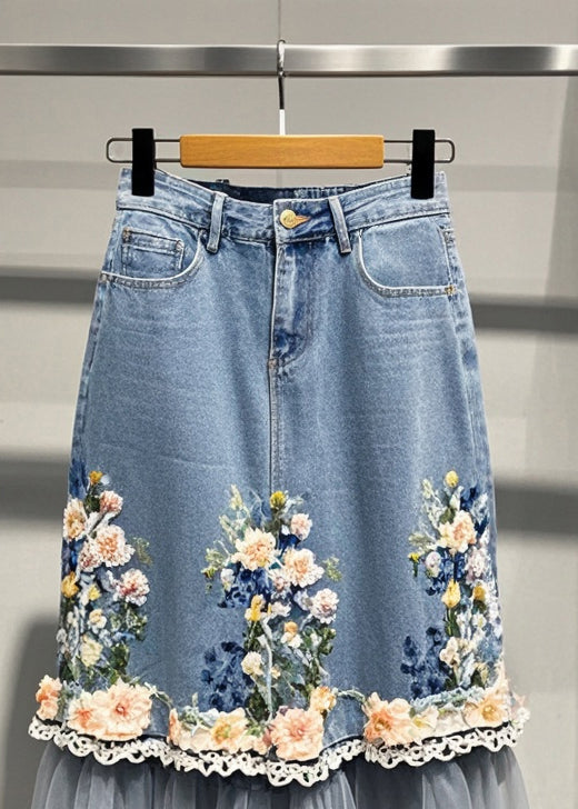 Beautiful Blue Flower Patchwork Tulle Denim Skirts Fall