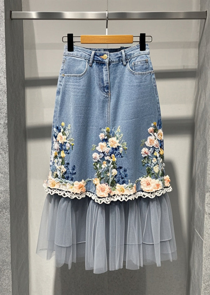 Beautiful Blue Flower Patchwork Tulle Denim Skirts Fall