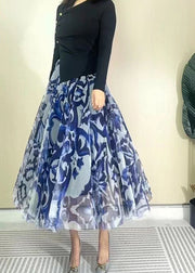 Beautiful Blue High Waist Print Wrinkled Tulle Skirt Spring