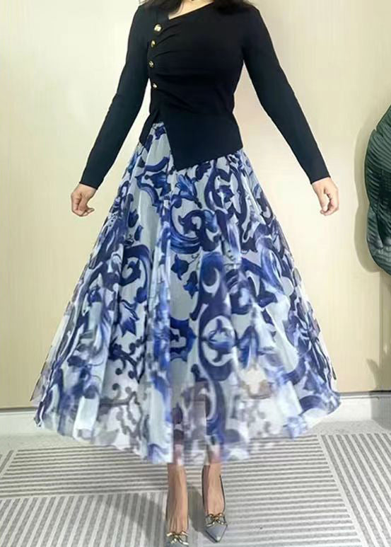 Beautiful Blue High Waist Print Wrinkled Tulle Skirt Spring