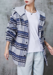 Beautiful Blue Hooded Plaid Fine Cotton Filled Coat Winter