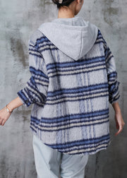 Beautiful Blue Hooded Plaid Fine Cotton Filled Coat Winter