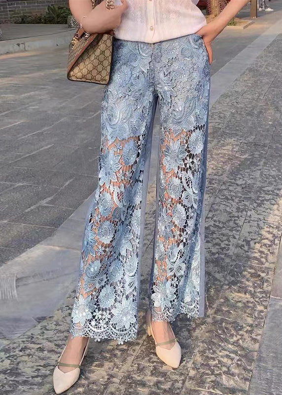 Beautiful Blue Lace Patchwork High Waist Wide Leg Jeans Summer