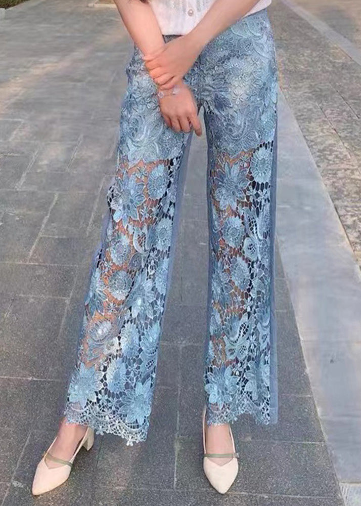 Beautiful Blue Lace Patchwork High Waist Wide Leg Jeans Summer