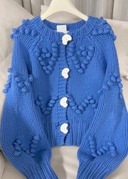 Beautiful Blue O-Neck Button Cotton Knit Cardigan Fall