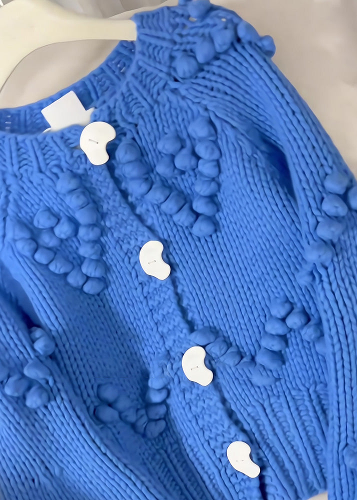 Beautiful Blue O-Neck Button Cotton Knit Cardigan Fall