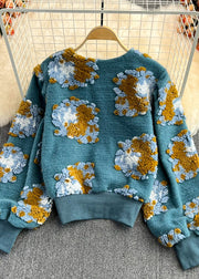 Beautiful Blue O-Neck Fluffy Floral Button Knit Sweaters Spring