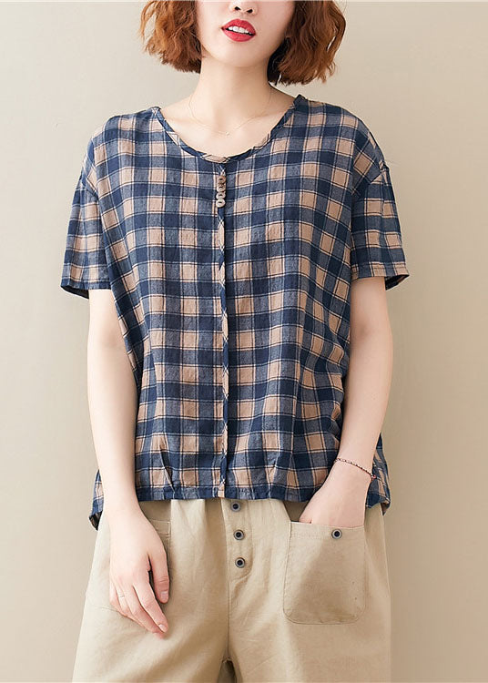 Beautiful Blue O Neck Plaid Cotton T Shirt Top Short Sleeve