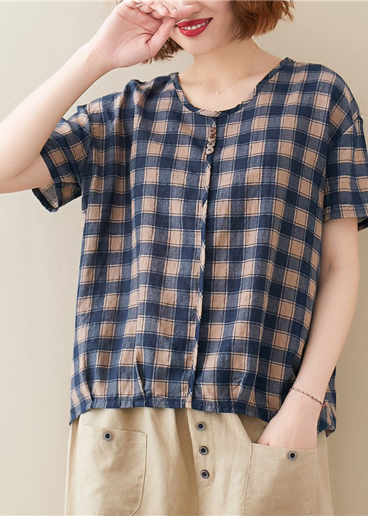 Beautiful Blue O Neck Plaid Cotton T Shirt Top Short Sleeve