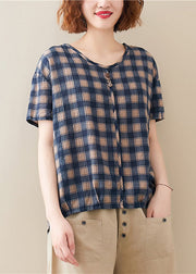 Beautiful Blue O Neck Plaid Cotton T Shirt Top Short Sleeve