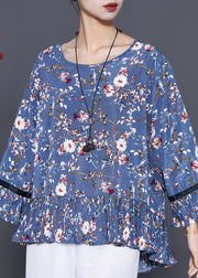 Beautiful Blue O-Neck Print Chiffon Blouse Top Summer