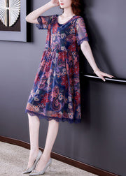 Beautiful Blue O Neck Print Patchwork Tulle Dresses Summer