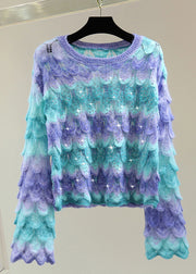 Beautiful Blue O-Neck Zippered Hollow Out Cotton Knit Sweater Flare Sleeve