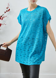 Beautiful Blue Oversized Hollow Out Lace Tanks Summer