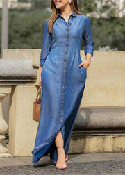 Beautiful Blue Peter Pan Collar Oversized Denim Maxi Dresses Spring