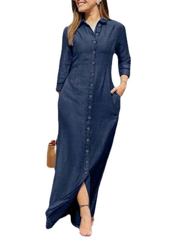 Beautiful Blue Peter Pan Collar Oversized Denim Maxi Dresses Spring