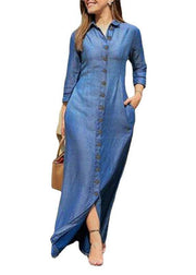 Beautiful Blue Peter Pan Collar Oversized Denim Maxi Dresses Spring