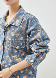 Beautiful Blue Peter Pan Collar Print Denim Coats Fall