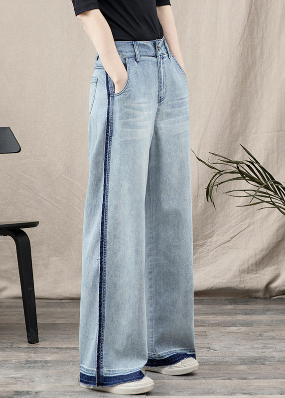 Beautiful Blue Pockets Patchwork Denim Wide Leg Pants Spring