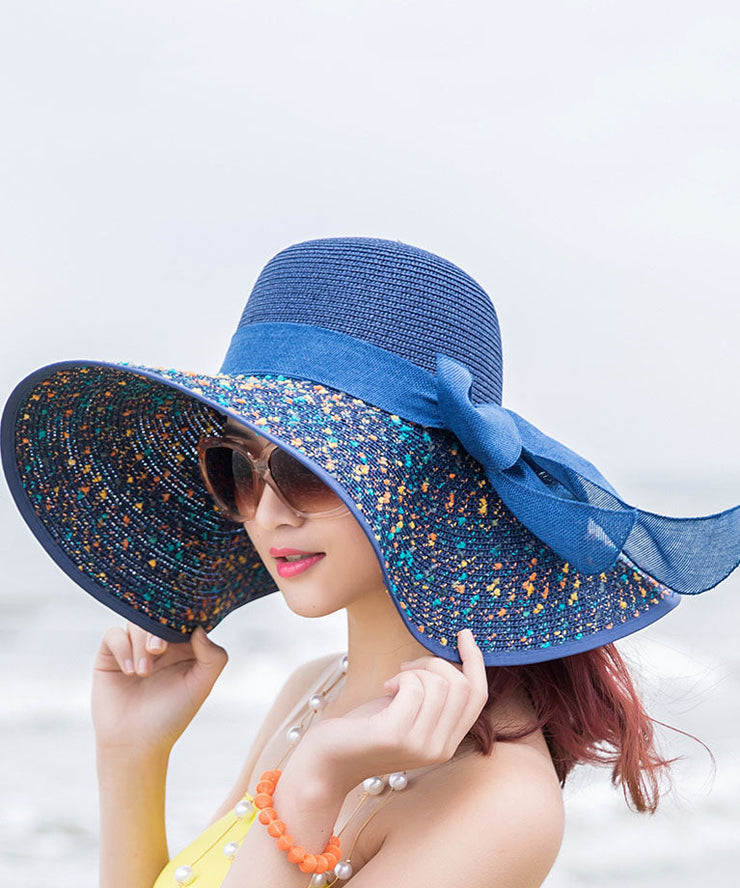 Beautiful Blue Print Bow Straw Woven Beach Floppy Sun Hat