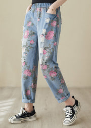 Beautiful Blue Print High Waist Denim Harem Pants