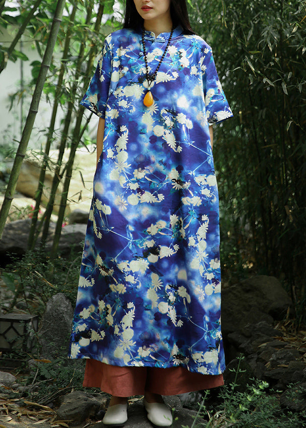 Beautiful Blue Print Pockets Linen Long Dresses Short Sleeve