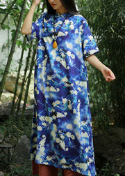 Beautiful Blue Print Pockets Linen Long Dresses Short Sleeve