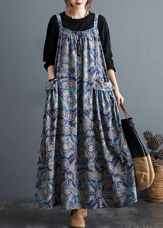 Beautiful Blue Print Pockets Patchwork Cotton Long Dresses Sleeveless