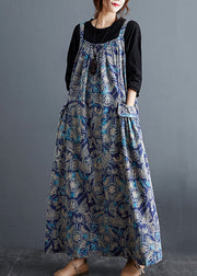 Beautiful Blue Print Pockets Patchwork Cotton Long Dresses Sleeveless