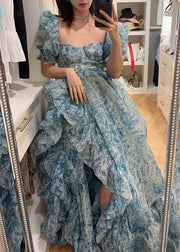 Beautiful Blue Print Ruffled Side Open Chiffon Maxi Dresses Summer
