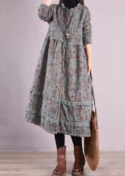 Beautiful Blue Ruffled Print Patchwork Cotton Dresses Fall