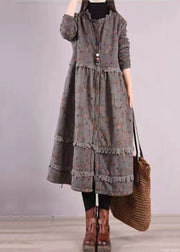 Beautiful Blue Ruffled Print Patchwork Cotton Dresses Fall