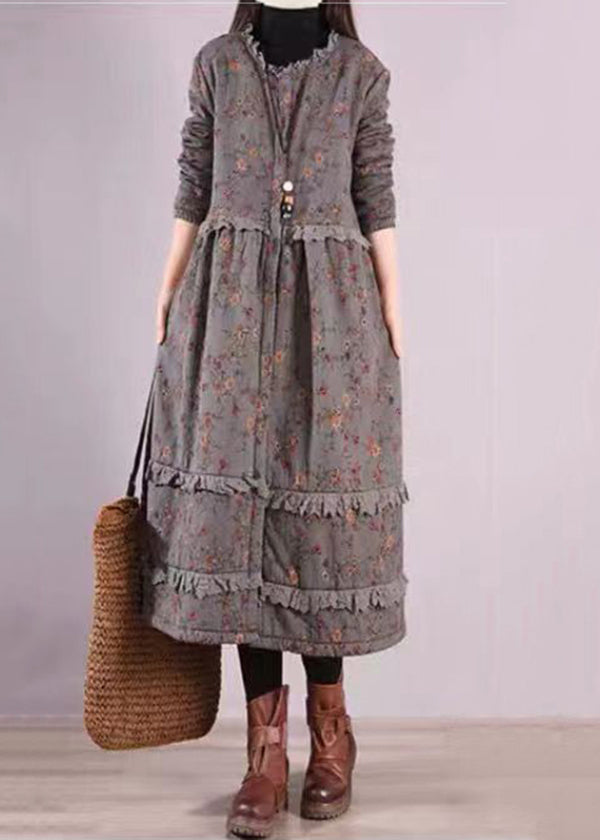 Beautiful Blue Ruffled Print Patchwork Cotton Dresses Fall