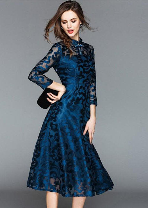 Beautiful Blue Stand Collar Oriental Button Lace Long Dress Fall