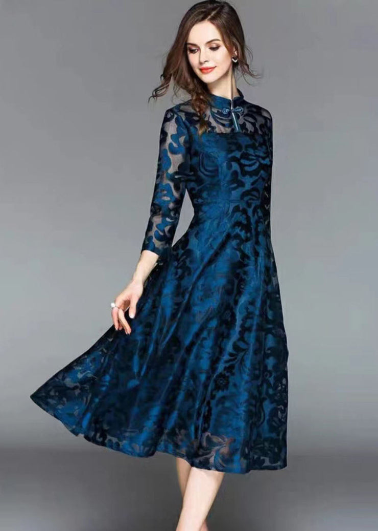 Beautiful Blue Stand Collar Oriental Button Lace Long Dress Fall