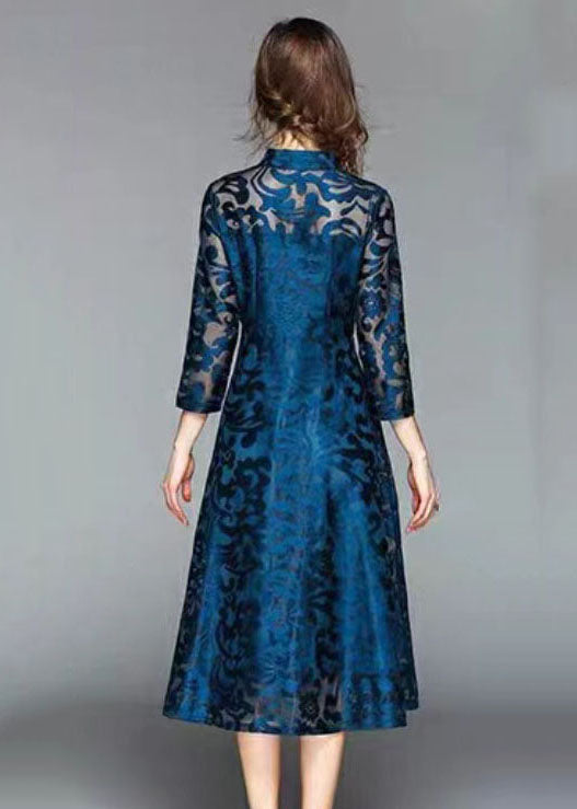 Beautiful Blue Stand Collar Oriental Button Lace Long Dress Fall