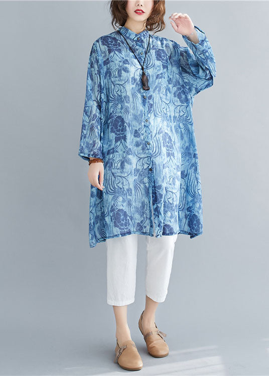 Beautiful Blue Stand Collar Oversized Print Linen Long Shirt Spring