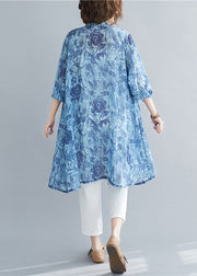 Beautiful Blue Stand Collar Oversized Print Linen Long Shirt Spring