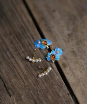 Beautiful Blue Sterling Silver Overgild Gem Stone Pearl Enameling Floral Tassel Stud Earrings